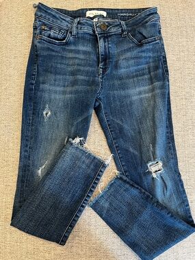 DL1961 Margaux Distressed Mid-Rise Jeans in Dark Blue Wash ankle length